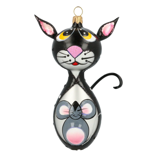 Cat and Mouse. Handmade Glass Christmas ornament.