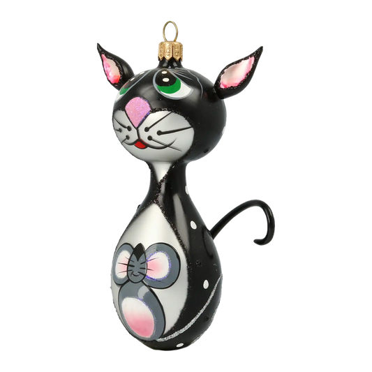 Christmas Ornament - Black Cat with Mouse. Handmade Glass Christmas ornament.