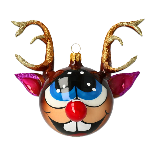 Rudolph the Joyful Reindeer. Handmade Glass Christmas ornament.