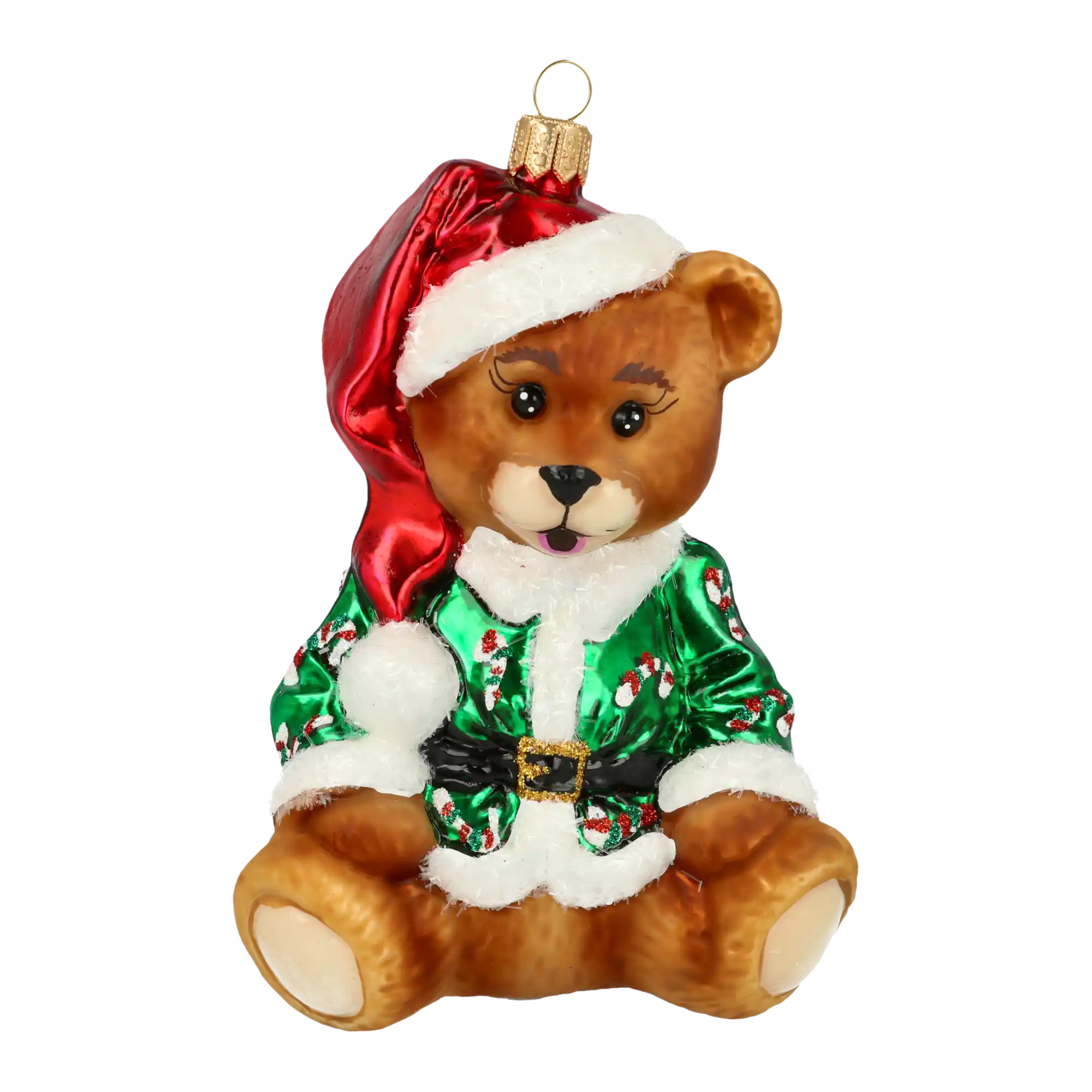 Teddy bear in a green cub. Handmade Glass Christmas ornament.