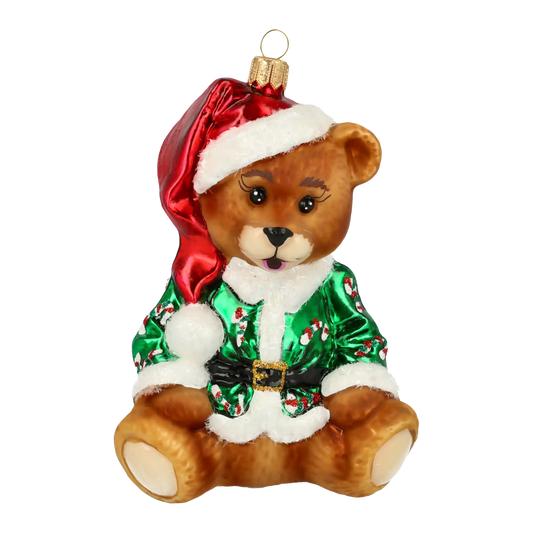 Teddy bear in a green cub. Handmade Glass Christmas ornament.