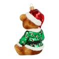 Load image into Gallery viewer, Teddy bear in a green cub. Handmade Glass Christmas ornament.
