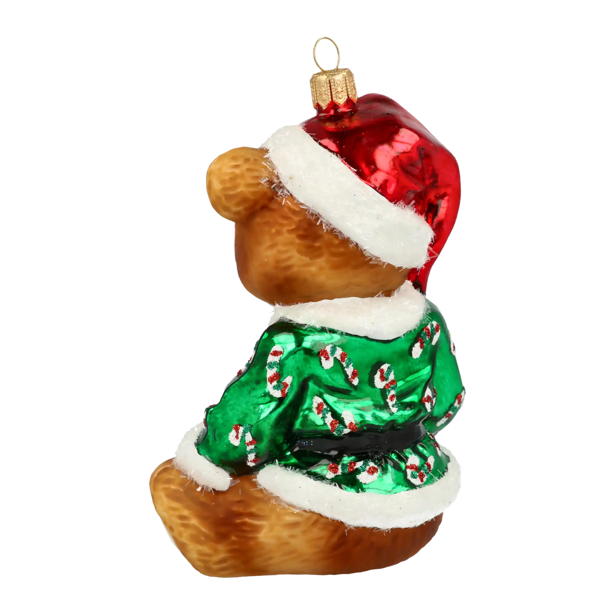 Teddy bear in a green cub. Handmade Glass Christmas ornament.