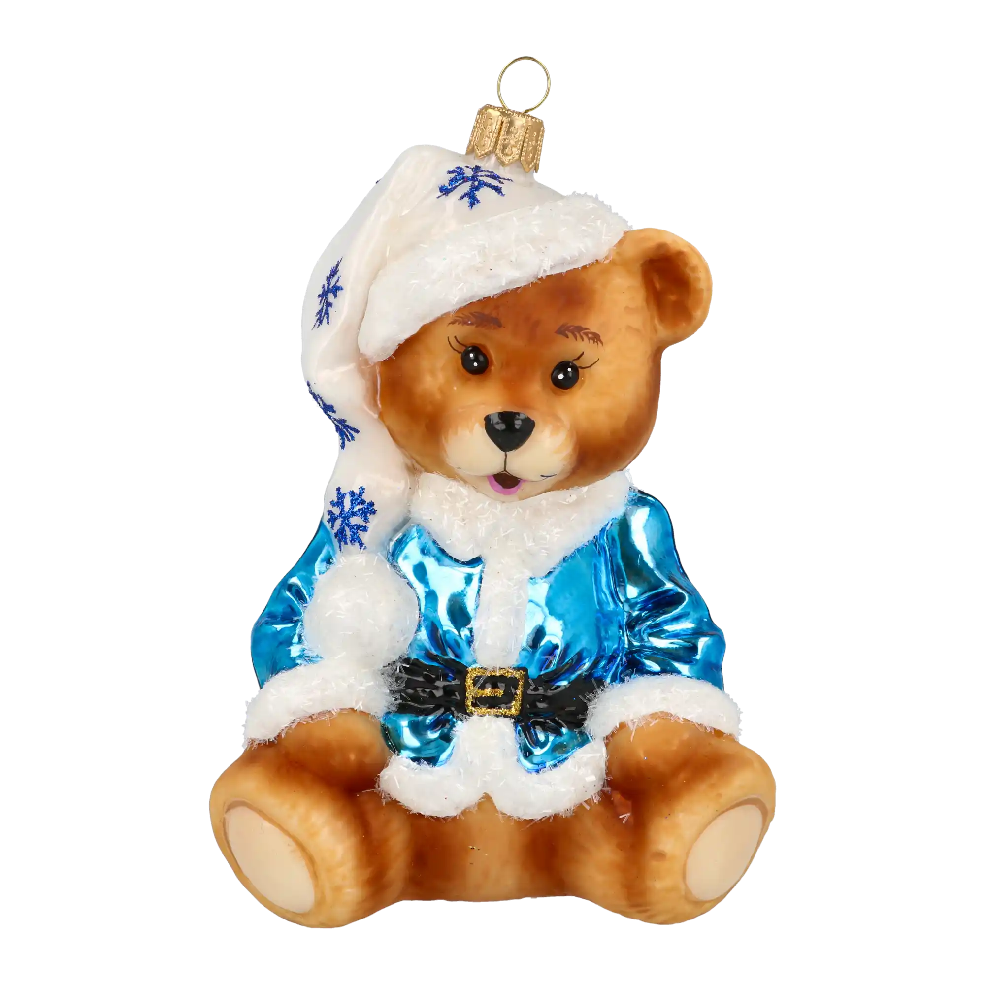 Teddy bear with snowflakes. Handmade Glass Christmas ornament.