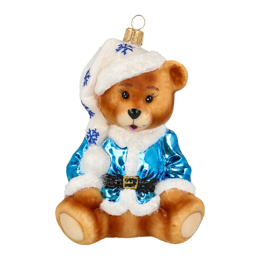 Teddy bear with snowflakes. Handmade Glass Christmas ornament.