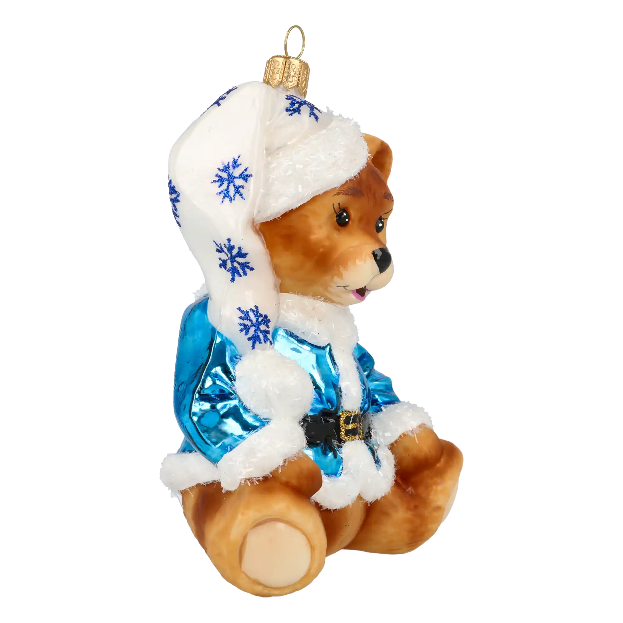 Teddy bear with snowflakes. Handmade Glass Christmas ornament.