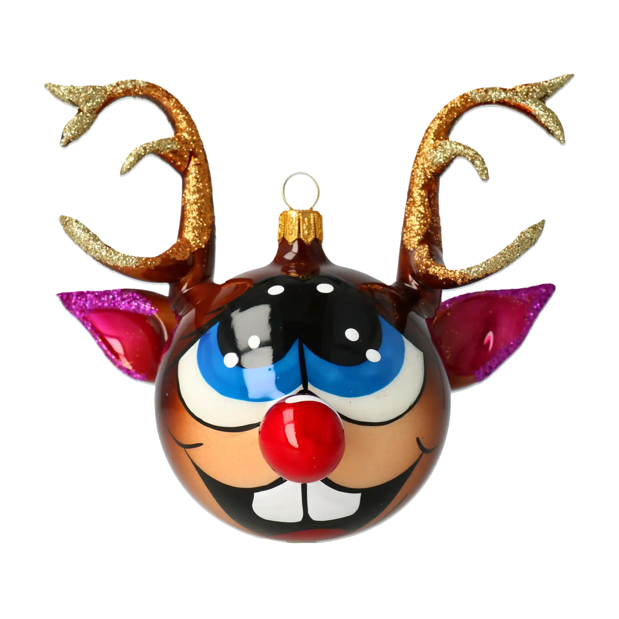 Rudolph the Joyful Reindeer. Handmade Glass Christmas ornament.