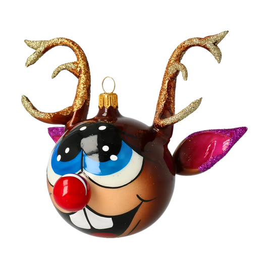 Rudolph the Joyful Reindeer. Handmade Glass Christmas ornament.