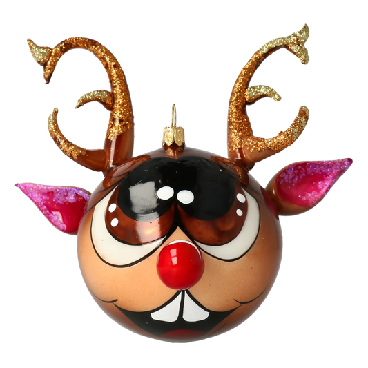 Rudolph the Joyful Reindeer. Handmade Glass Christmas ornament.