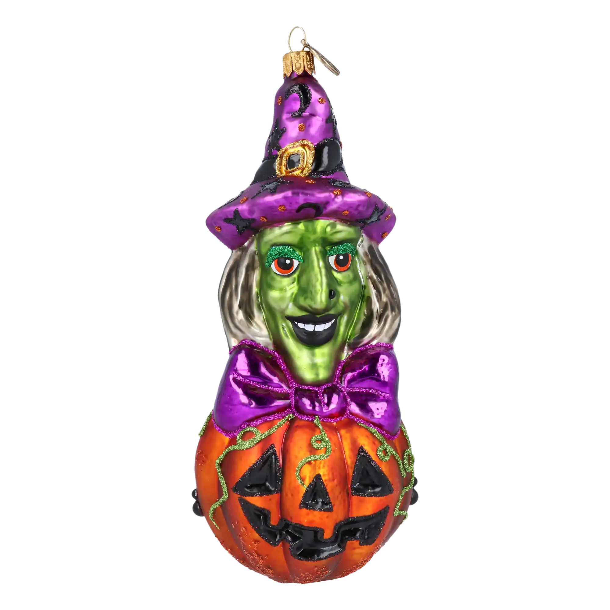 Witch on a Pumpkin. Handmade Glass Christmas ornament.