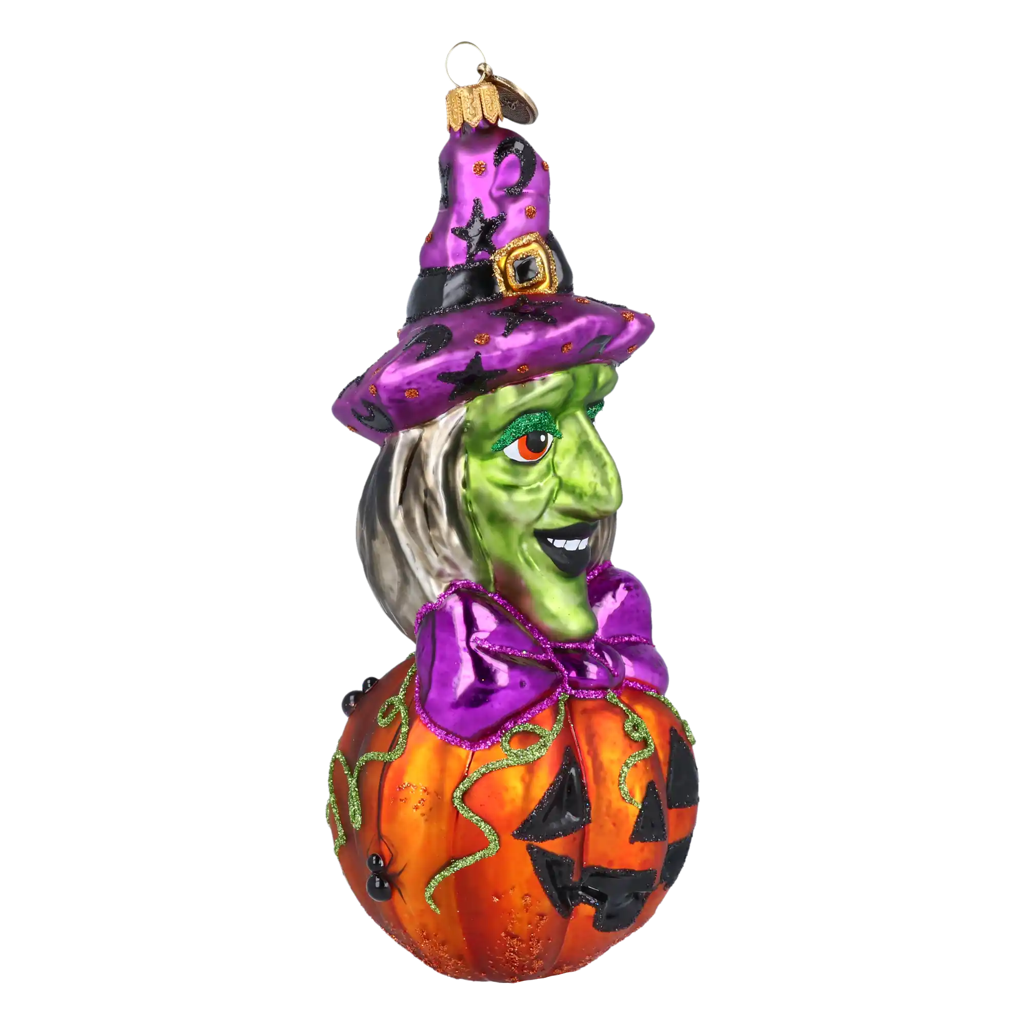 Witch on a Pumpkin. Handmade Glass Christmas ornament.