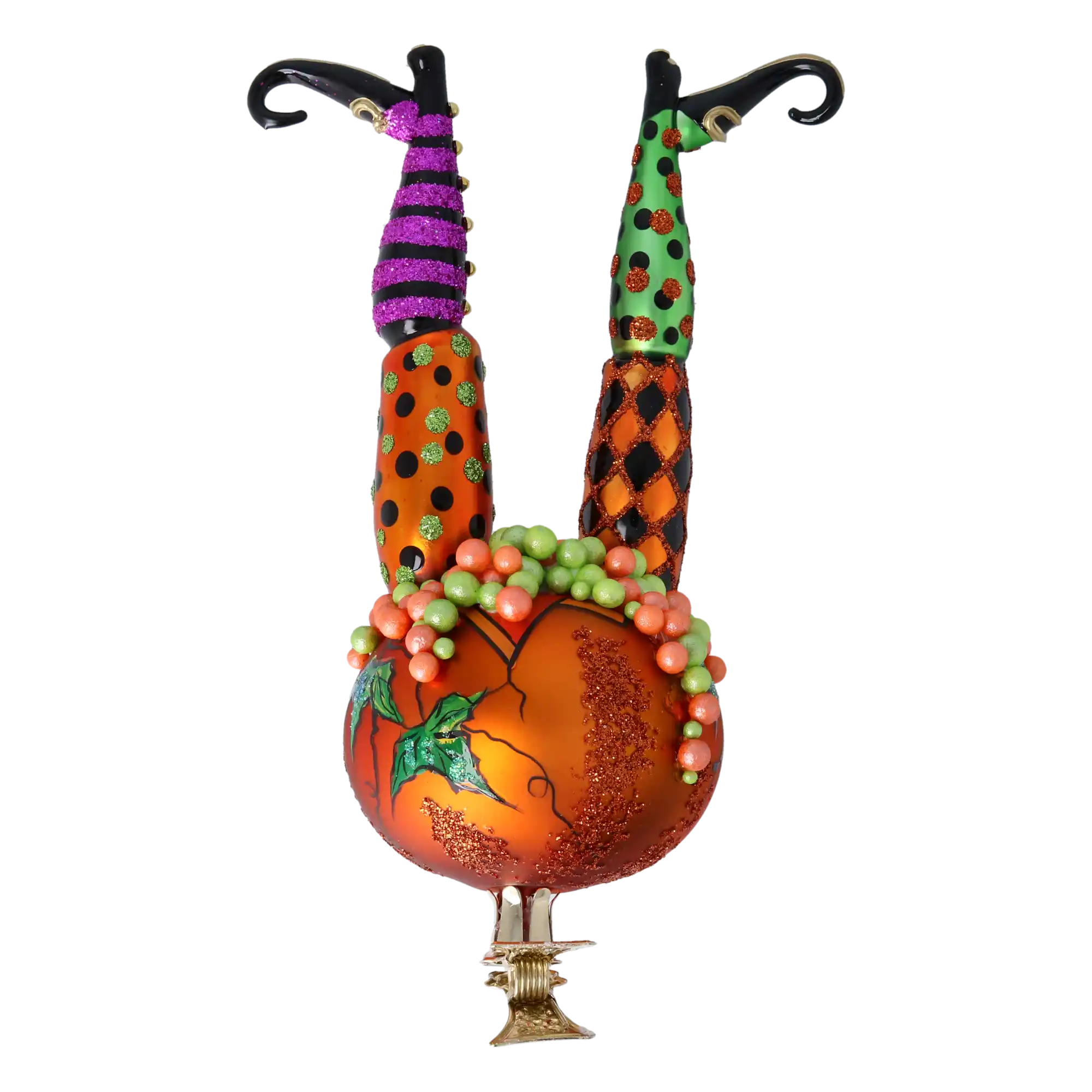 The Witch in the Pumpkin - Magic Legs. Handmade Glass Christmas ornament.