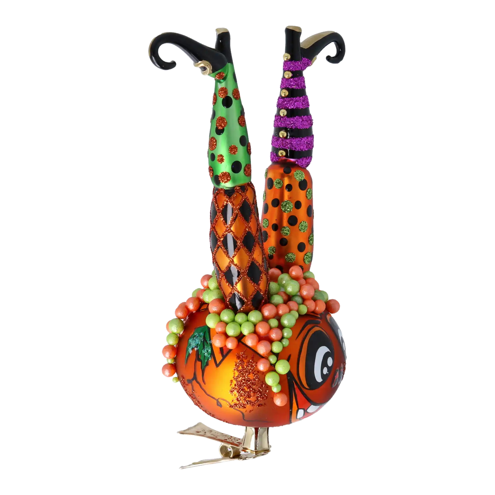 The Witch in the Pumpkin - Magic Legs. Handmade Glass Christmas ornament.