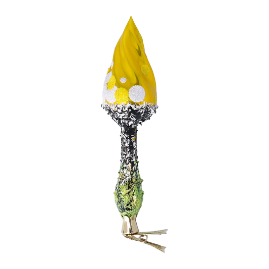 Yellow Mushroom with Brocade Dots. Handmade Glass Christmas ornament.