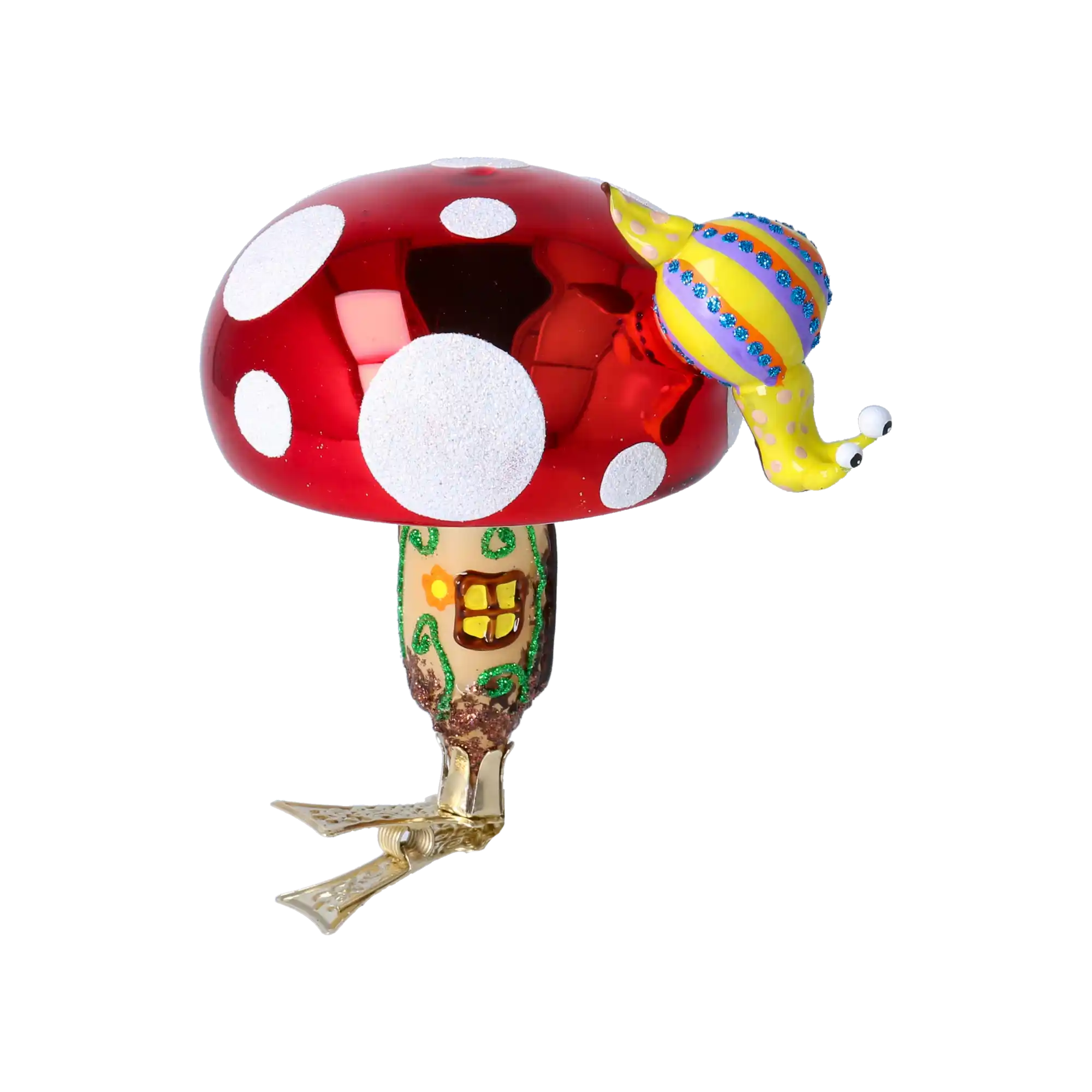 Mushroom house with snail. Handmade Glass Christmas ornament.