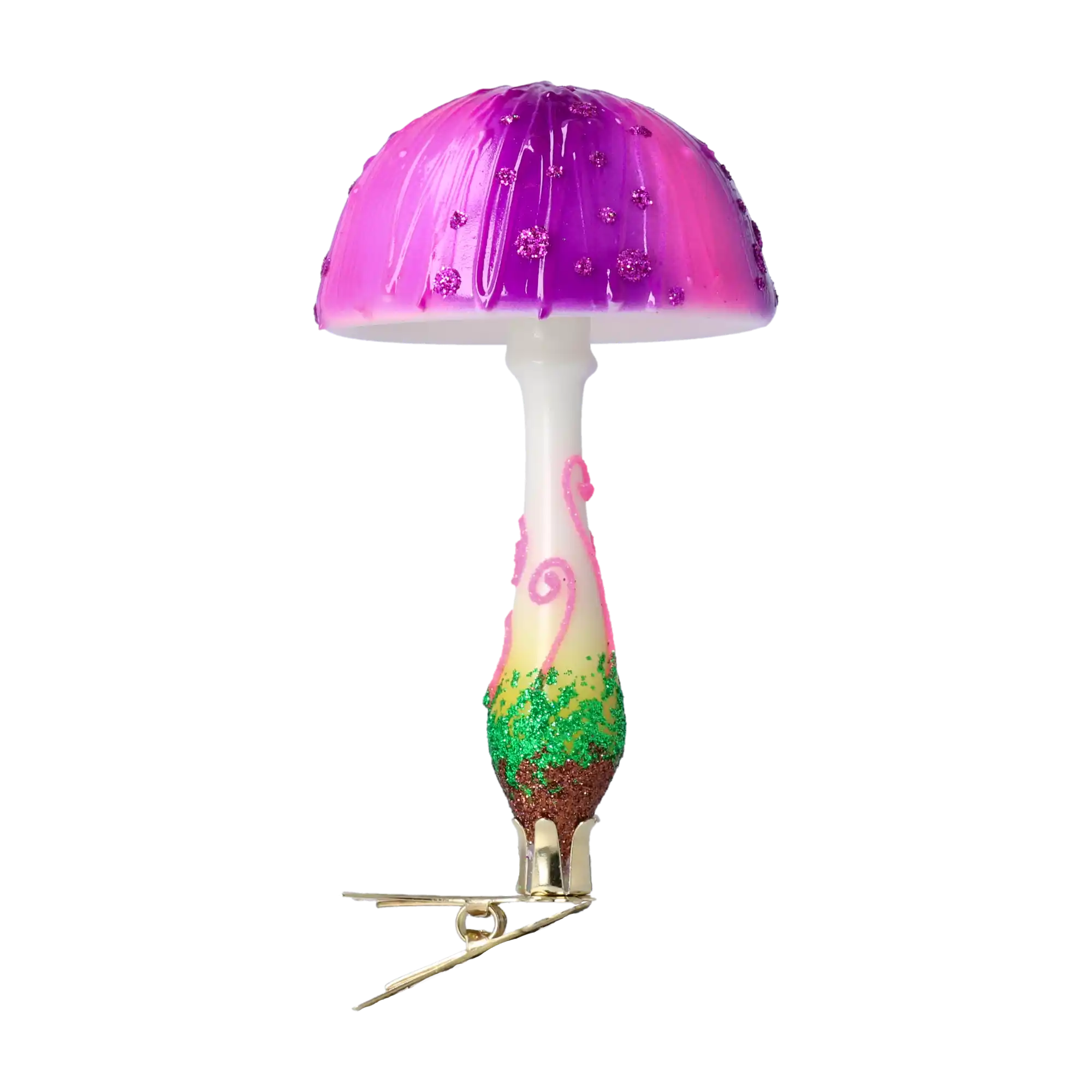 Forest Mushroom on a Clip. Handmade Glass Christmas ornament.