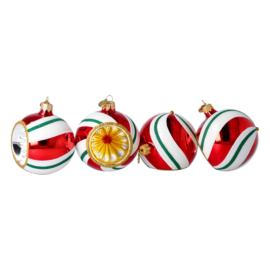 Set of Christmas tree baubles in the colors of Christmas candies. Handmade Glass Christmas ornament.